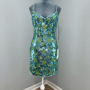 SAMPLE Mac Duggal Sequin Mini Dress in Blue and Green